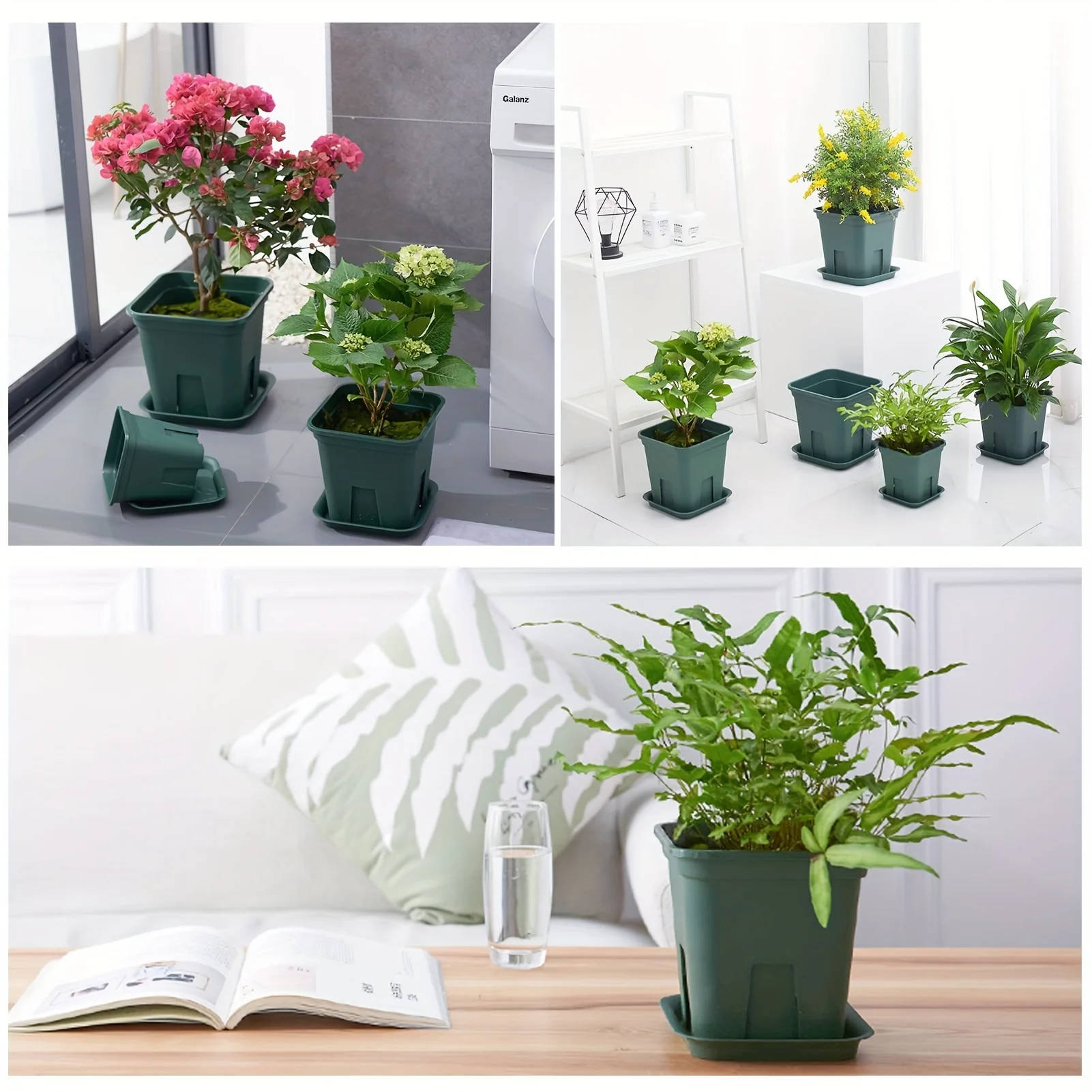 Castle Peak Basin Planters 3 Sets Big Flowerpot Planters - Breathable Square Pots for Plants, 21.5x15.2x21.5cm, Green Planter Pot